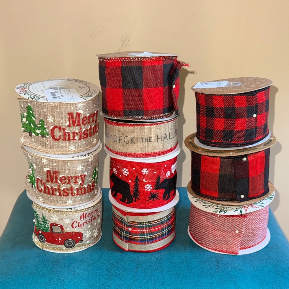 Holiday Plaid & Festive Print Christmas Ribbon Set - Red